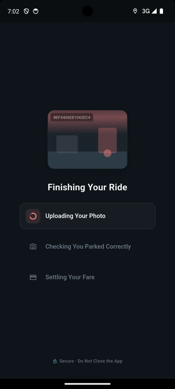 The rider app finishing a golf cart ride: uploading the parking photo, checking the cart is parked correctly and settling the fare
