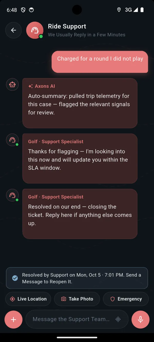 Ride support chat in the rider app: a guest questions a charge, an AI summary pulls the ride's data for the case, and the support team resolves it