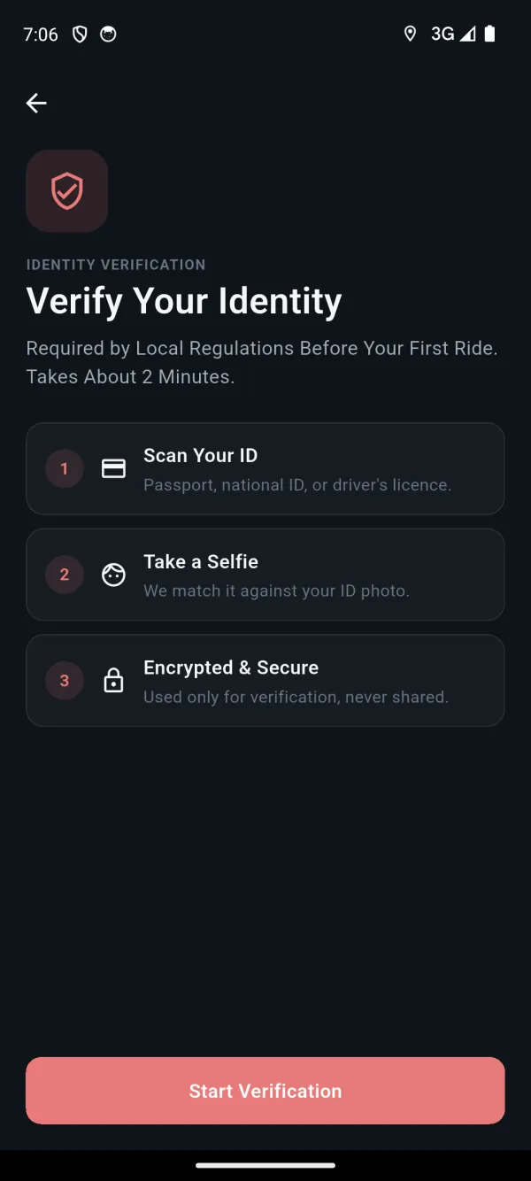 The rider app's identity check before the first ride: scan an ID, take a selfie, about two minutes