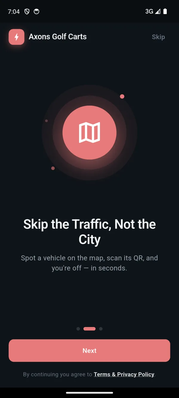 A branded rider app's welcome screen: spot a cart on the map, scan its QR code and ride