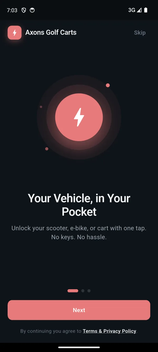 A golf cart rental's own rider app welcoming a new guest: unlock your cart with one tap, no keys
