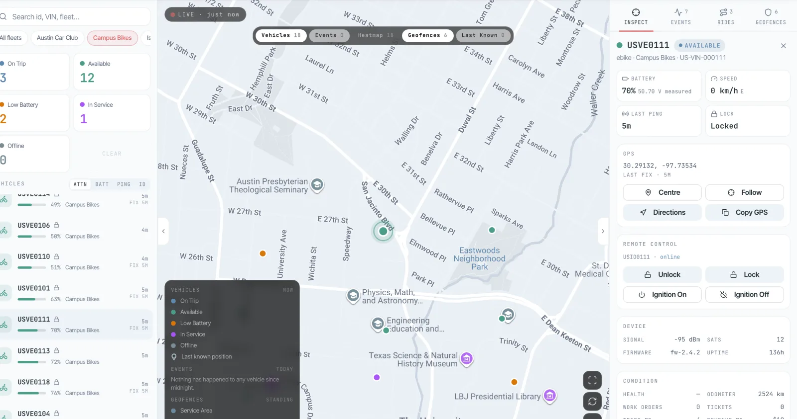 Screenshot of the Live Map filtered to a campus e-bike fleet: e-bikes around a university, how many are on a trip, available, low on battery or in service, and one e-bike open with its battery, lock state and Unlock and Lock buttons