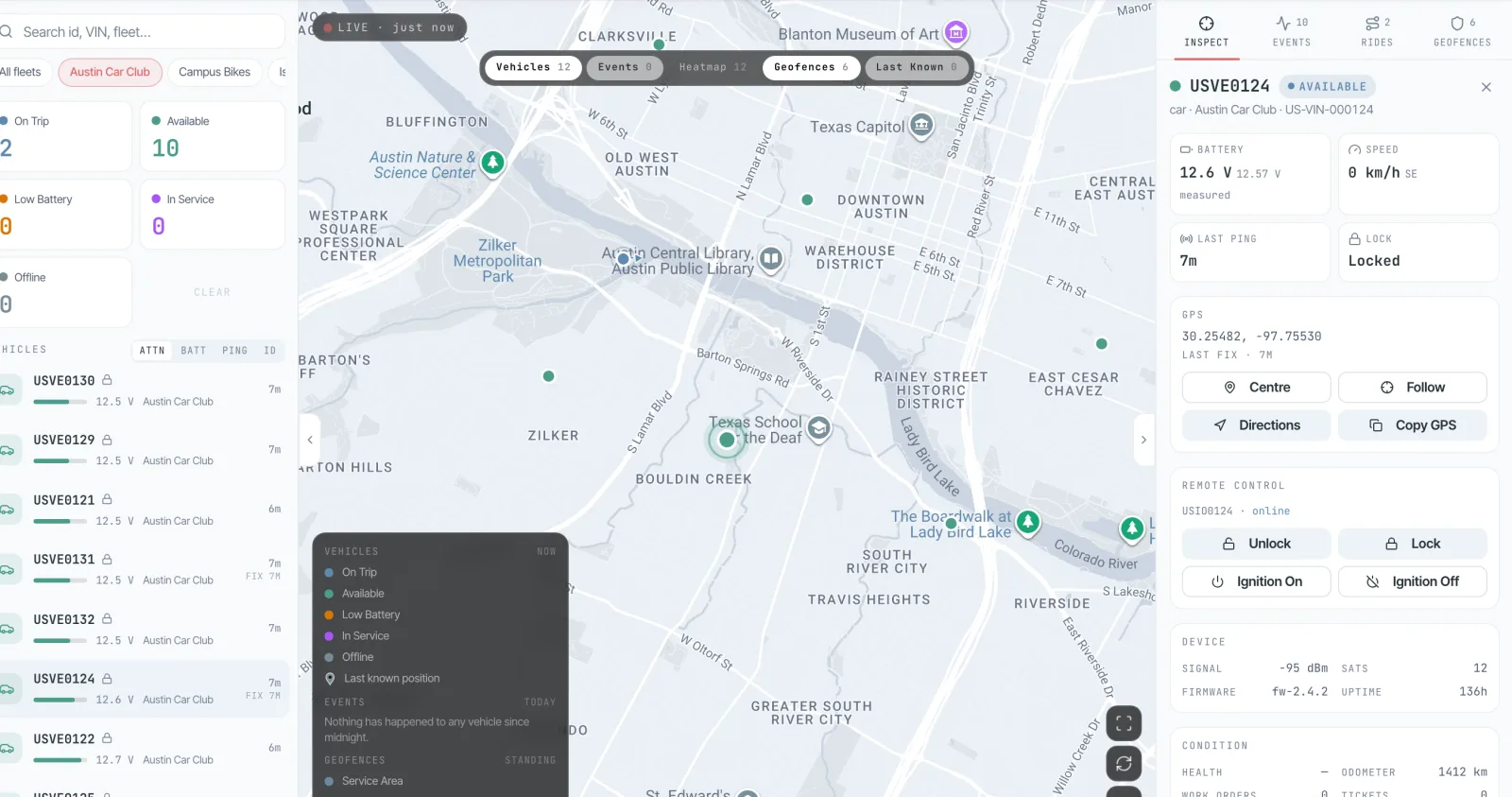 Screenshot of the Live Map filtered to a car sharing fleet: cars parked across a city, and one car open with its 12 V battery, lock state, last trips and Unlock, Lock, Ignition On and Ignition Off buttons