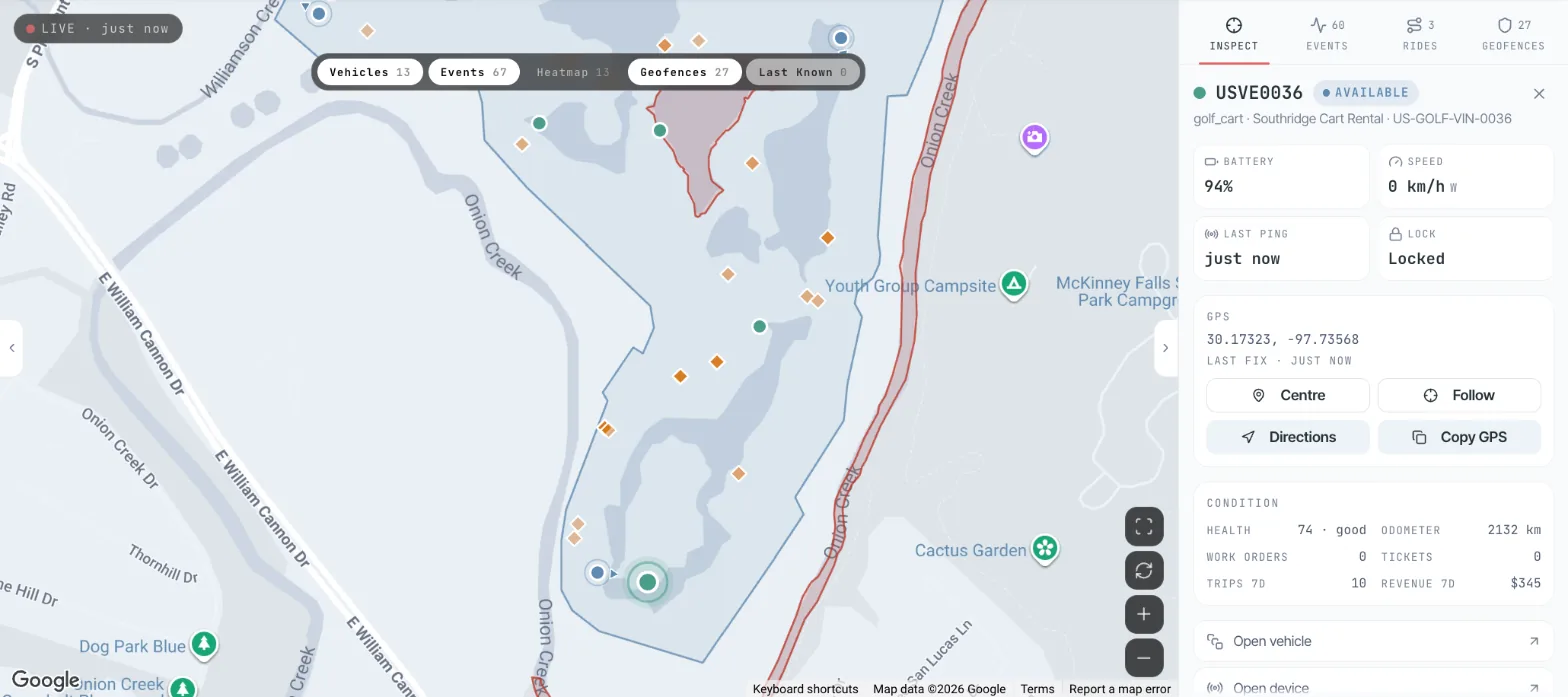 Live map of golf carts in the Axons Mobility console: carts across a course with its zones drawn, and one cart open with its battery, lock state, GPS and health