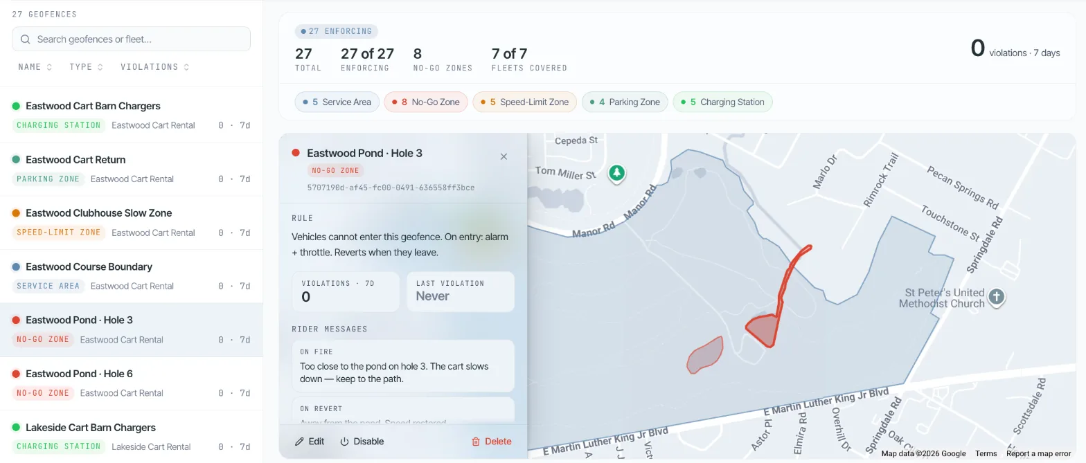 A no-go zone around a pond on a golf course in the Axons Mobility console, with the rule for carts that enter it and the warning guests see in the app