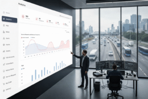 Telematics trends for 2026 showing connected fleet vehicles with real-time AI dashboard analytics and GPS tracking