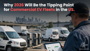 Commercial EV fleet charging infrastructure in the US highlighting 2026 tipping point for electric fleet adoption