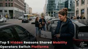 Alt Text: Fleet managers analyzing shared mobility platform performance and fleet operations dashboard Title: Top 5 Reasons Shared Mobility Operators Switch Platforms in 2026 Caption: Shared mobility operators increasingly switch platforms to improve scalability, automation, analytics, and operational efficiency. Description: A mobility operations team reviewing fleet management analytics and booking performance data. The image represents the key reasons shared mobility operators upgrade to modern mobility platforms, including better scalability, integrations, automation, reporting, and cost optimization.